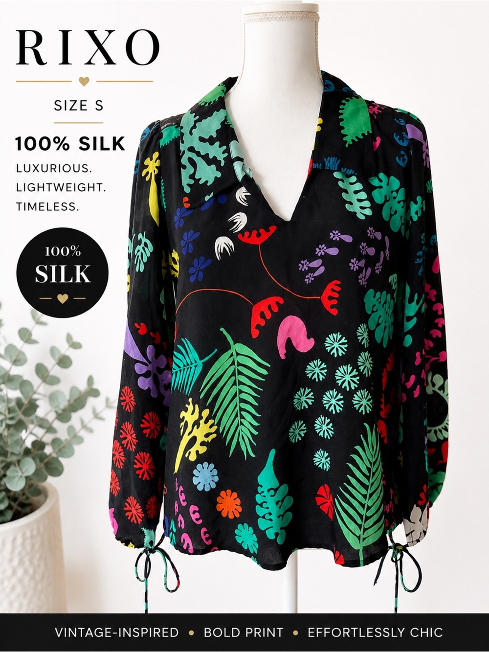 RIXO 100% silk  Floral Blouse Black
Multicolor Statement Top Boho Luxe Size S